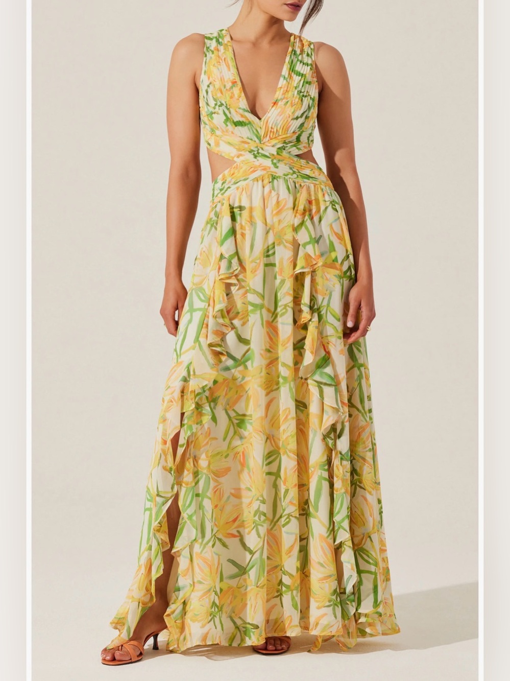 Astr the Label Noya Floral-Print Open-Back Gown Yellow Green Floral Maxi medium